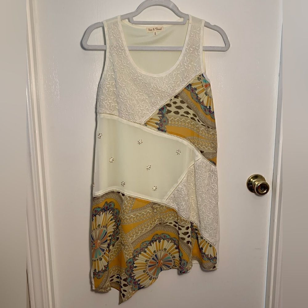 Hem & Thread EUC cream embroidered patchwork sleeveless dress Size Small